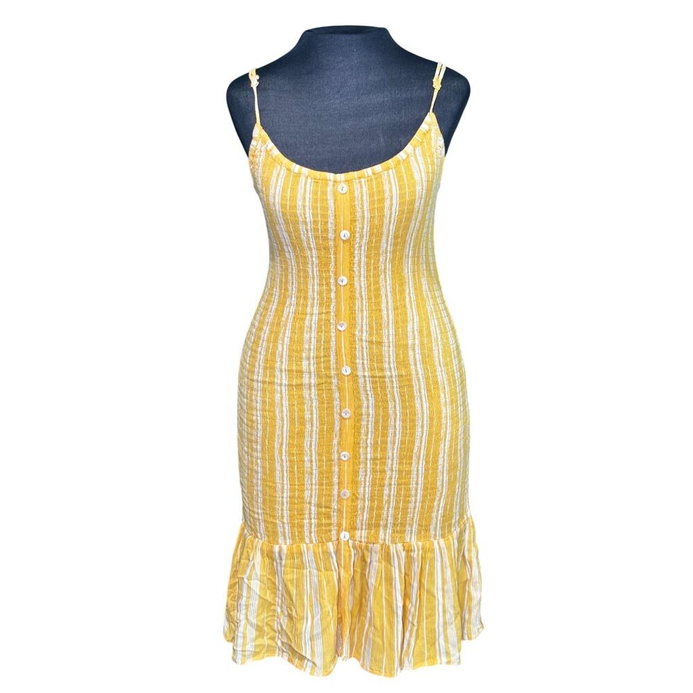 Yellow & White Striped Sleeveless Sundress With Ruffle Hem